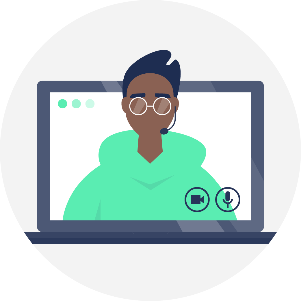 Illustration of a person with a headset on a laptop screen